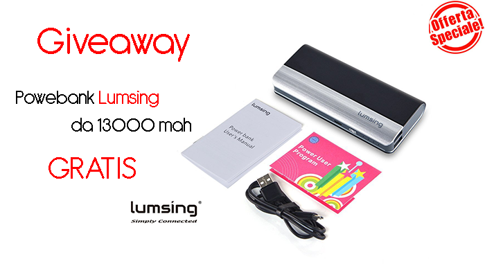 Giveaway - PowerBank Lumsing da 13000 mah gratis Giveaway - PowerBank Lumsing da 13000 mah gratis - Copertina
